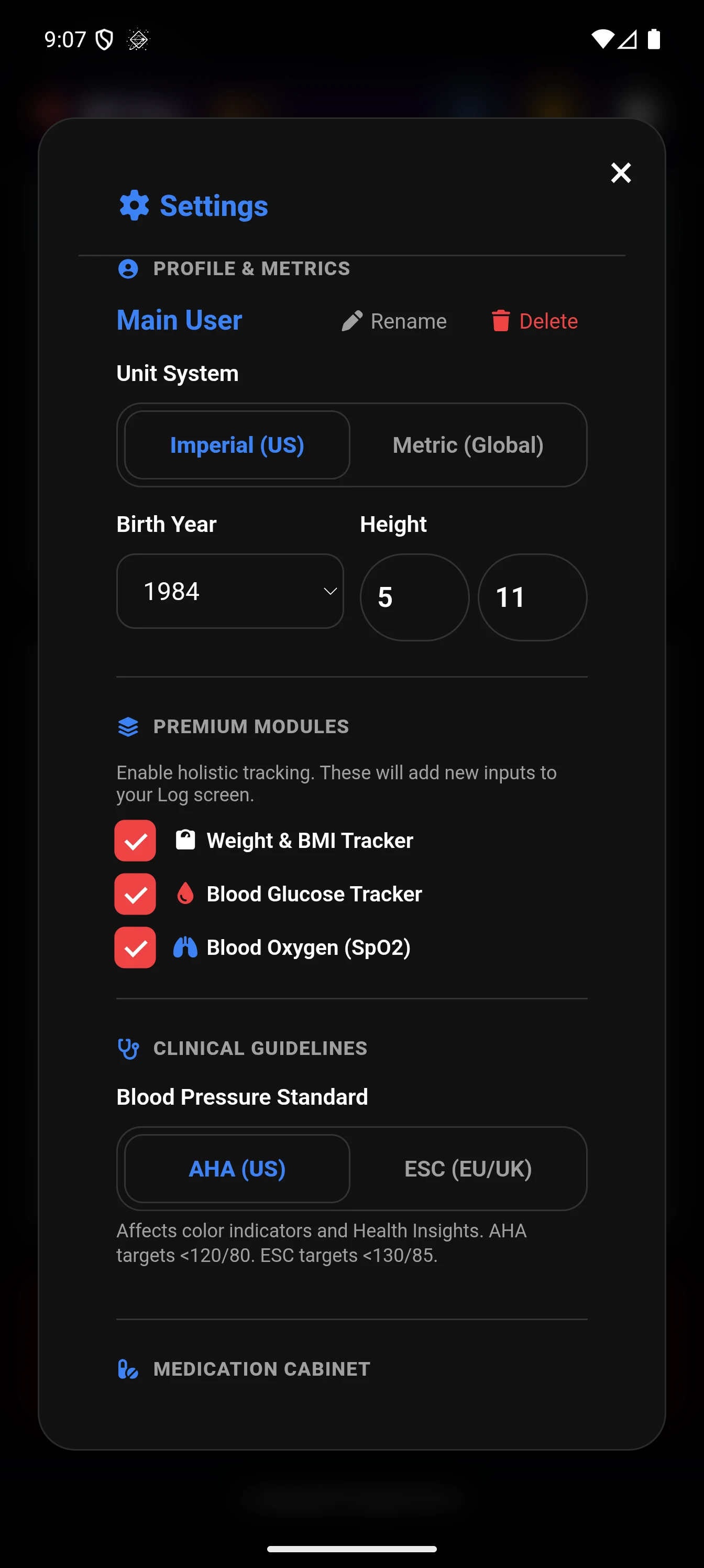 BP Tracker Pro Settings showing AHA and ESC guidelines